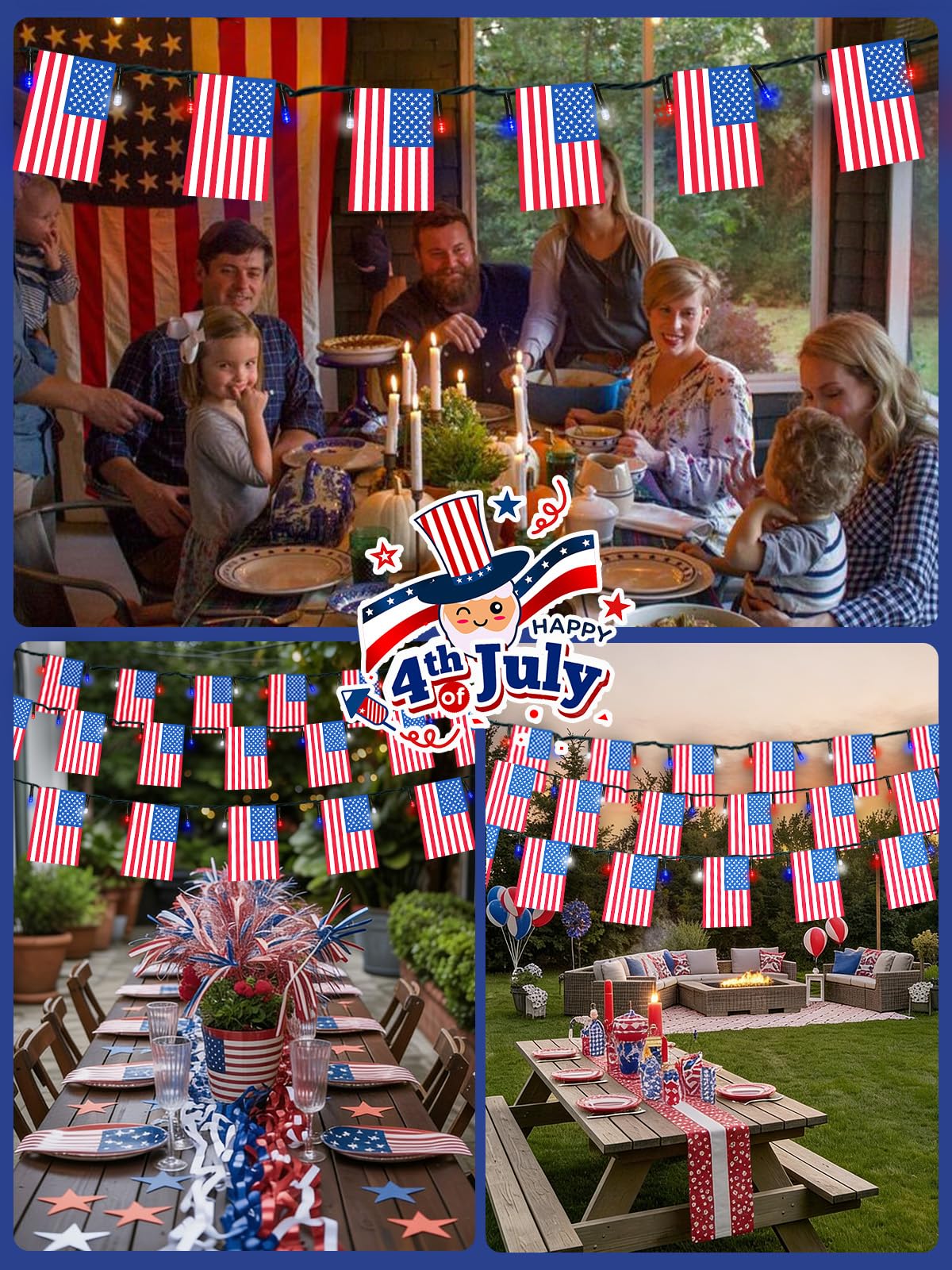 4th of July Decorations, Solar American Flag Lights Outdoor with 8 Modes, 18.8FT 25 USA Flags & 50 Red White and Blue LEDs Patriotic String Lights Waterproof for Independence Day 250th Anniversary