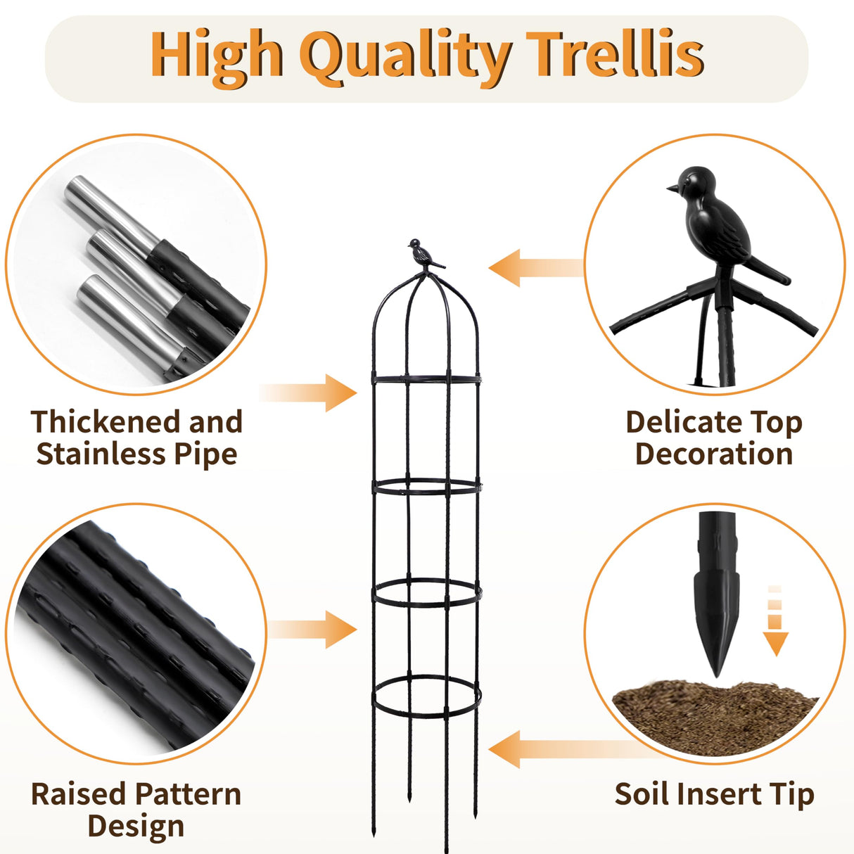 SORANGEUN 1 Pack Garden Obelisk Trellis for Climbing Plants Outdoor, 6FT Adjustable Metal Plant Support with 3 Decorative Tops, Black Rustproof Trellis for Roses, Tomatoes, Clematis & Vines