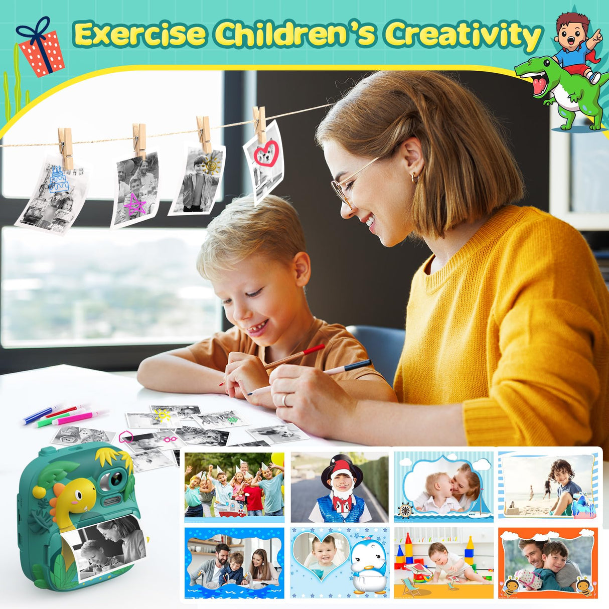 Kids Camera Instant Print, CAMCLID 2.4 Inch Screen Camera for Kids Dinosaur Children Digital Camera with 32GB Card & 3 Rolls Paper, Christmas Birthday Gift Toys for Boys Girls 3-12 Age (Green)