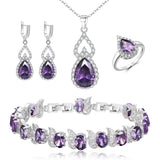 BriLove Wedding Jewelry Set for Women Bride Bridesmaid, Gorgeous Cubic Zirconia Teardrop Necklace Earrings Bracelet Adjustable Ring Set Gift for Birthday/Anniversary Purple Silver-Tone