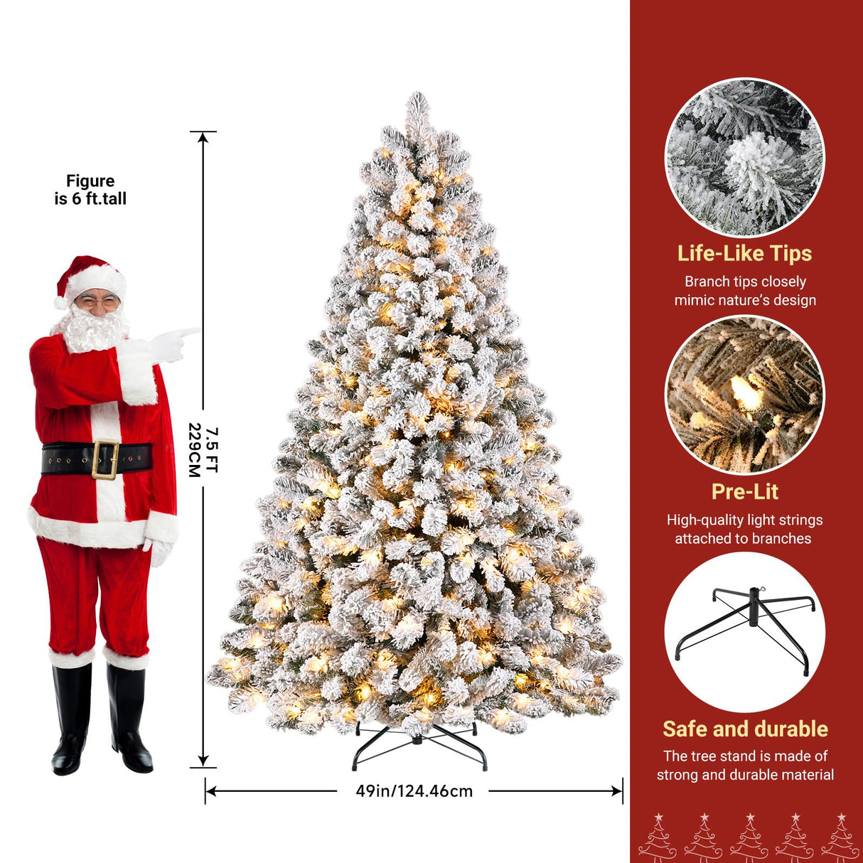 SHareconn 7.5ft Prelit Snow Flocked Spruce Artificial Christmas Tree with 350 Incandescent Warm White Lights, Foldable Stand, Snow Flocked Full Prelighted Xmas Tree W/1170 Branch Tips, 7.5 FT, White