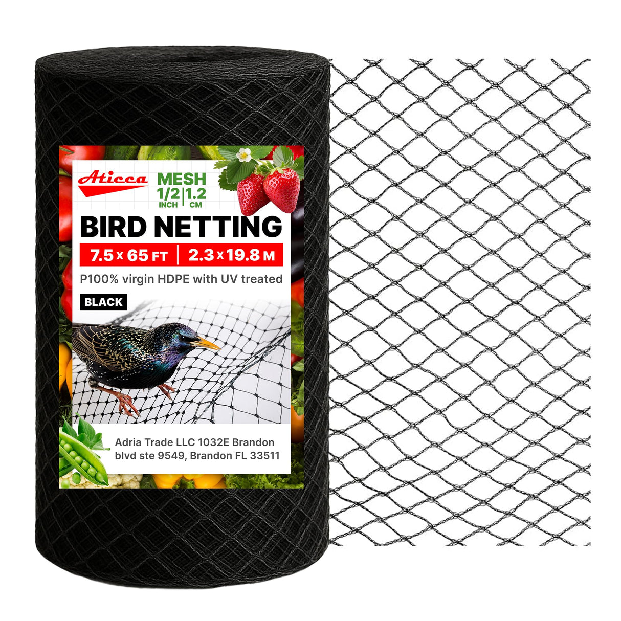 ATICCA Heavy Duty Bird Netting for Garden Protection & Fruit Trees, 7.5x65 Ft with 10 Stakes – Black Anti-Bird Net for Poultry, Deer, & Squirrel Protection, Durable Mesh for Garden and Yard Use