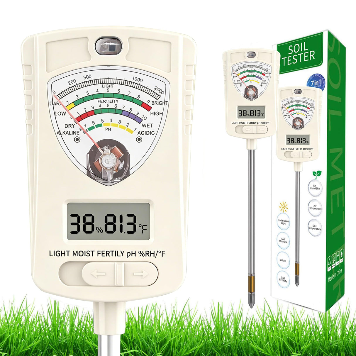 Soil Test Kit, 7-in-1 Soil Moisture Meter, Dual Screen Soil Tester, Moisture/pH/Temperature/Sunlight/Air Humidity/Fertility, Perfect for Farming, Gardening, Lawns, Outdoor-Lvory White