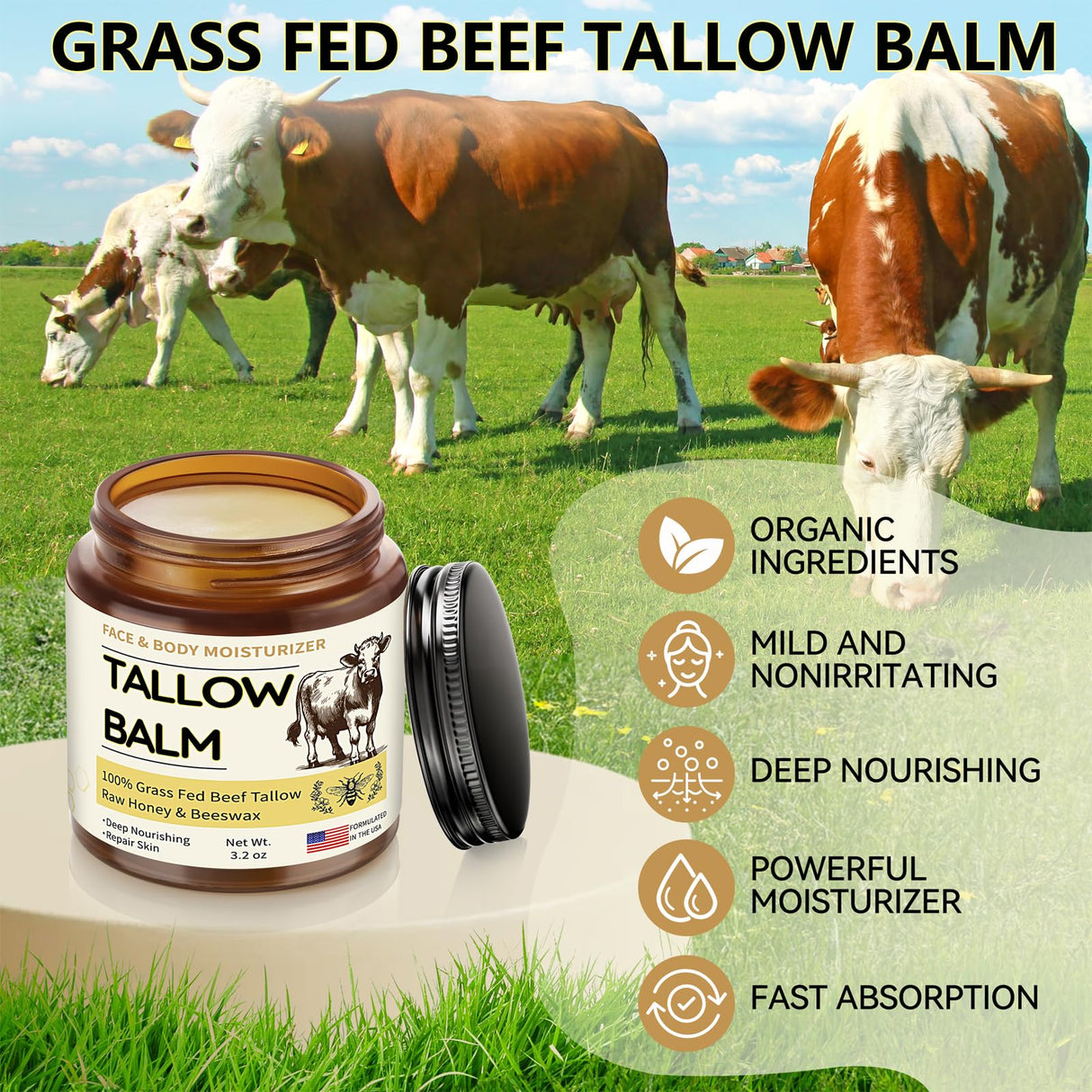 Veakoo Beef Tallow for Skin, Organic Whipped Tallow and Honey Balm, Grass Fed Beef Tallow Face Moisturizer, Natural Tallow Skin Care Cream Body Butter, Nourish and Soothe Dry Skin