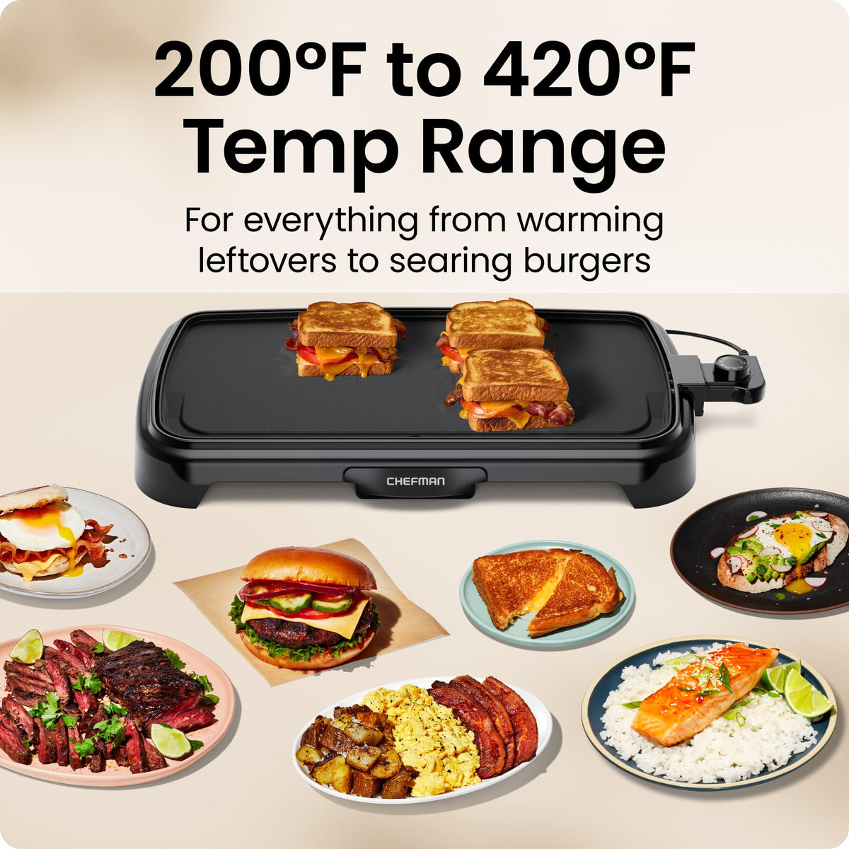 Chefman XL Electric Griddle with Removable Temperature Control, Immersible Flat Top Grill, Burger, Eggs, Pancake Griddle, Nonstick Extra Large Cooking Surface, Slide Out Drip Tray, 10 x 20 Inch