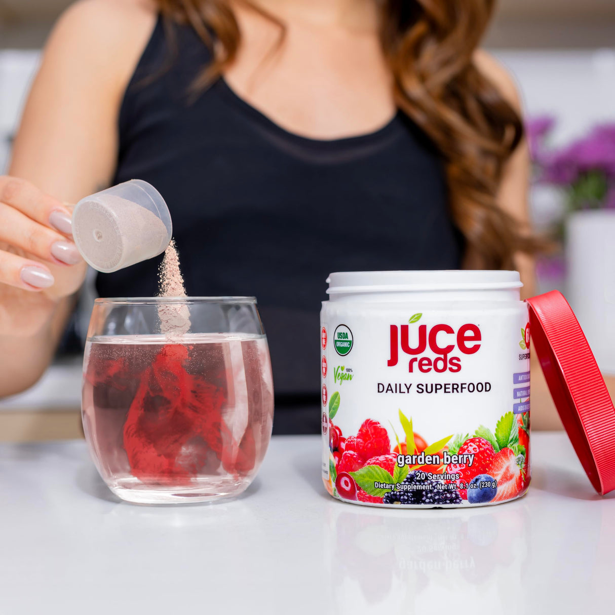 JUCE Reds Organic Superfood Powder - Garden Berry Flavor | Fruit & Veggie Powder for Everyone w/64 Immune Boosting Superfood Plus Probiotics for Gut Health | 20 Servings (230g) | By Terra Kai Organics