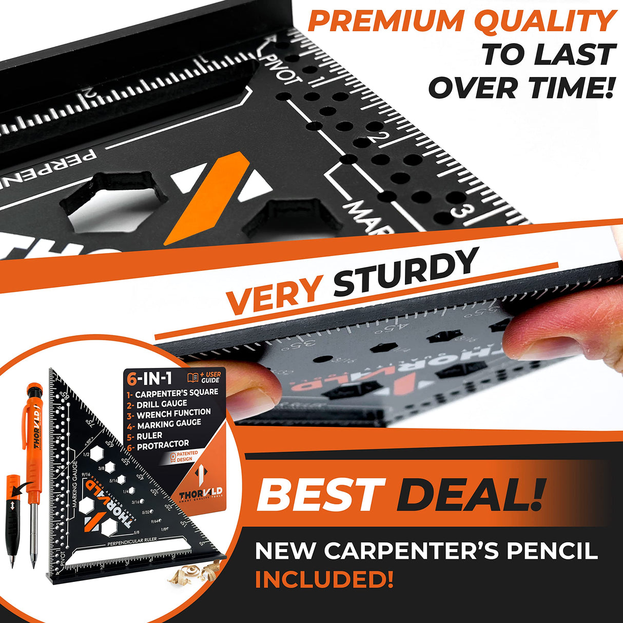 THORVALD 6-in-1 Carpenter Square 7 inch (1/16" Precision) T Square Multi-Purpose Carpenter Tools : Wrench, Square, Protractor, Ruler, Marking Gauge, Drill Gauge, Includes 2-in-1 Carpentry Pencil