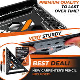 THORVALD 6-in-1 Carpenter Square 7 inch (1/16" Precision) T Square Multi-Purpose Carpenter Tools : Wrench, Square, Protractor, Ruler, Marking Gauge, Drill Gauge, Includes 2-in-1 Carpentry Pencil
