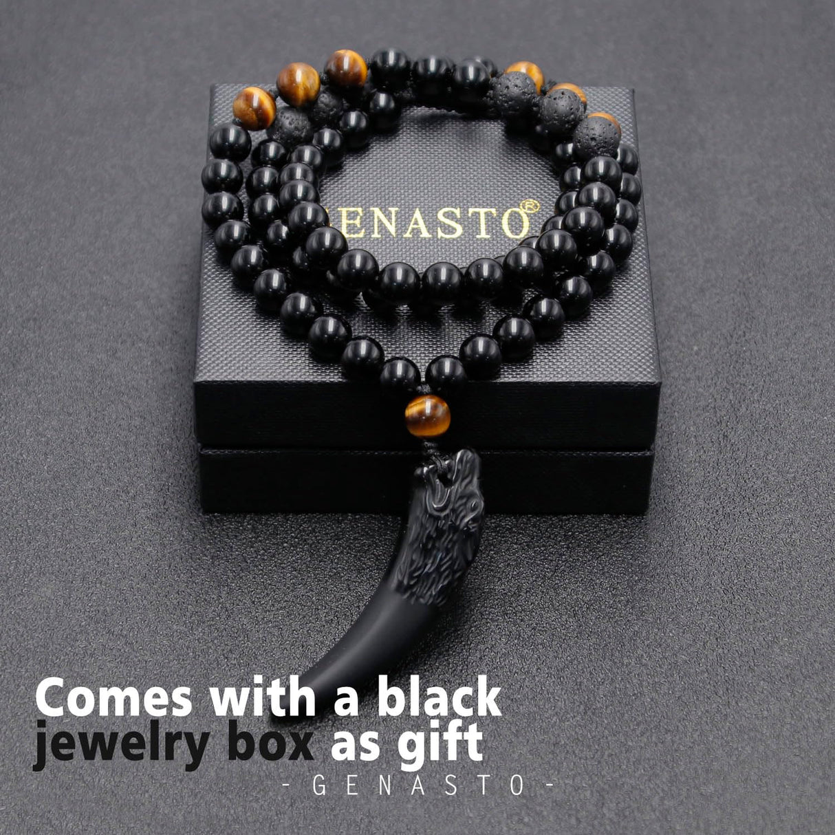 GENASTO Wolf Tooth Necklace Black Obsidian Stone Beads and Tiger Eye Necklace and Tiger Eye Natural Stone Crystal Healing Prayer Necklace for Men Women