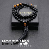 GENASTO Wolf Tooth Necklace Black Obsidian Stone Beads and Tiger Eye Necklace and Tiger Eye Natural Stone Crystal Healing Prayer Necklace for Men Women