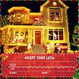 XURISEN 403FT 1000 LED Christmas Lights Outdoor Green Wire String Lights 8 Modes with Timer Memory Waterproof Fairy Light Plug in for Xmas Tree Wedding Yard Party Holiday Decorations(Warm White)
