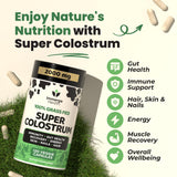 Super Colostrum Grass Fed Bovine Colostrum - 120 Capsules - Gut Health, Muscle Recovery, Energy, Hair, Skin & Immune Supplement | 50% IgG Cow Colostrum for Humans | Superfood, Gluten Free, Unflavored