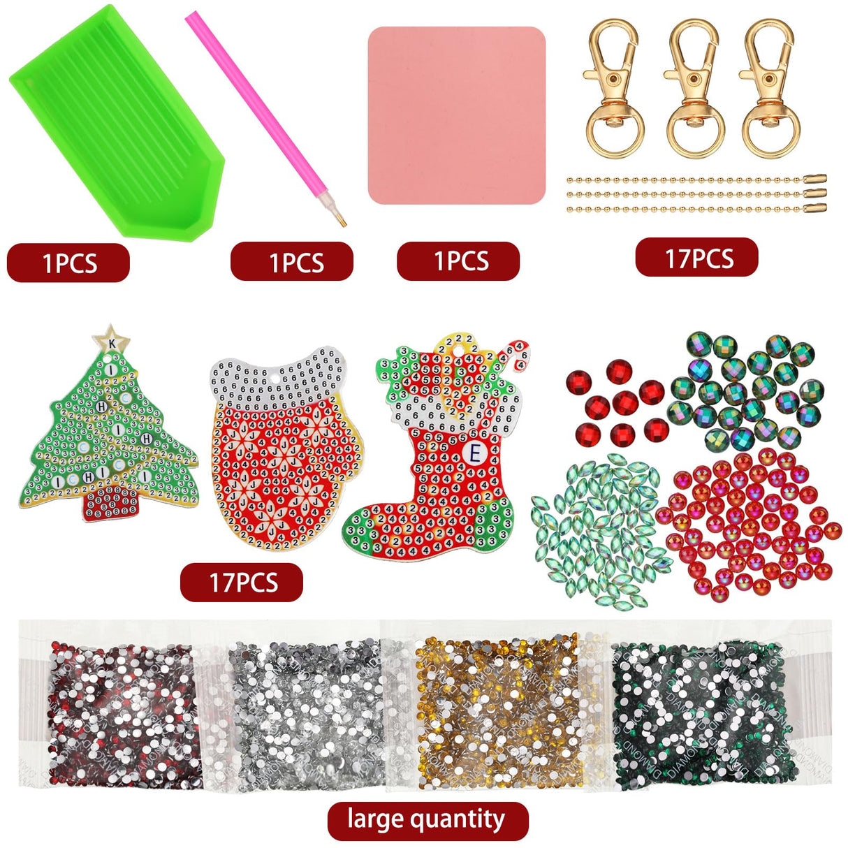 Yaomiao 17 Pieces Double Sided Diamond Art Christmas Ornaments Christmas Keychains Diamond Art Kit for Adult DIY 5d Painting Round Drill Key Chain Xmas Crystal Rhinestone Arts Craft Keychain Supplies