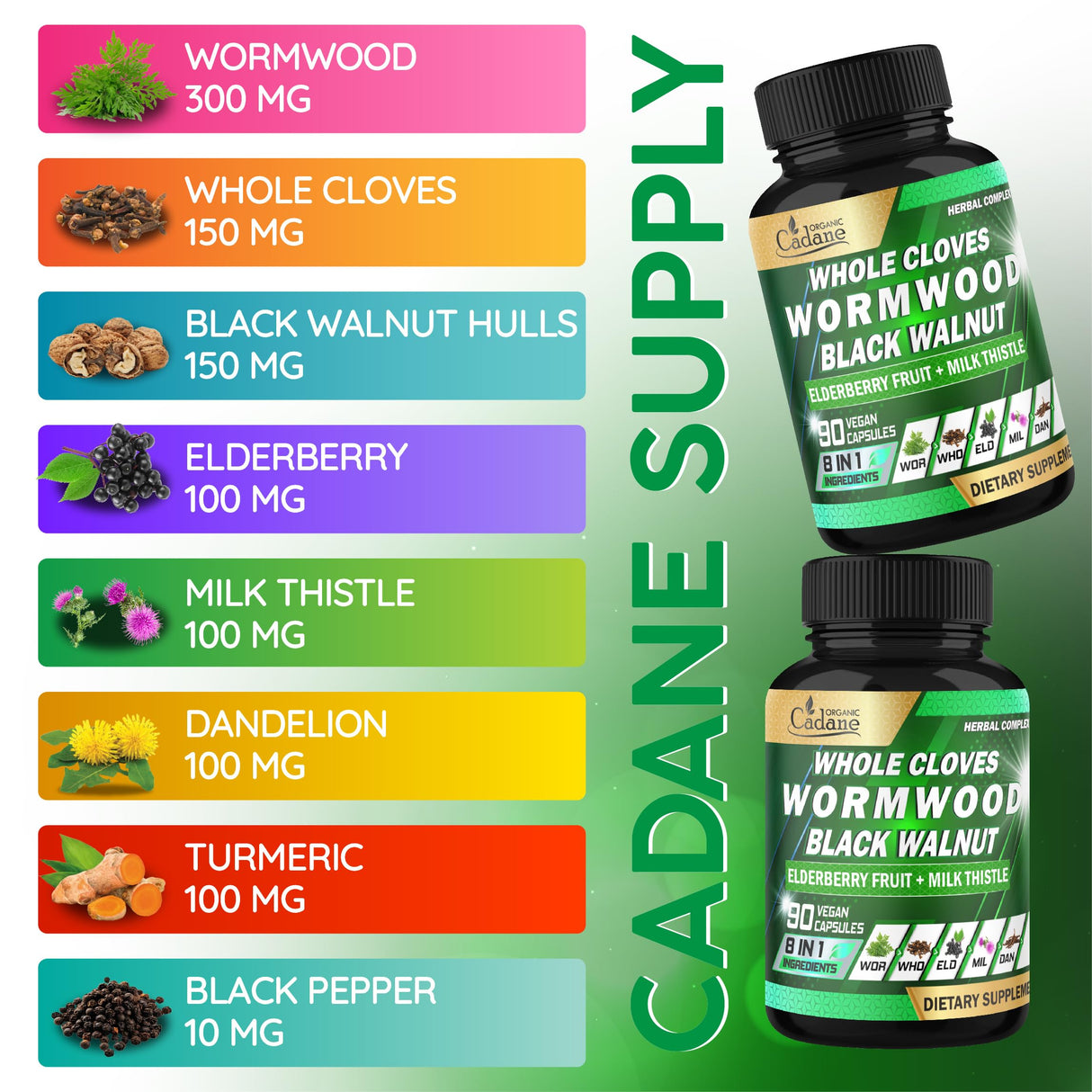 Organic Cadane Wormwood, Whole Cloves & Black Walnut Blend with Elderberry & Milk Thistle – Botanical Herbal Formula – Non-GMO, Vegan – 90 Capsules (45-Day Supply)