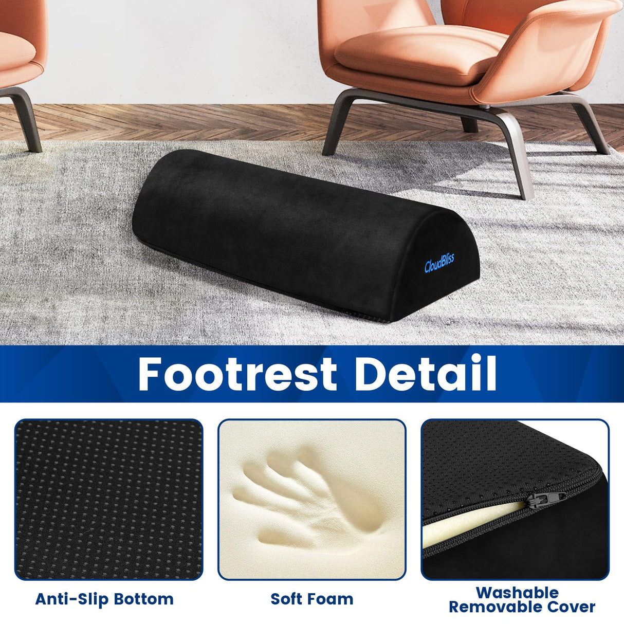 Foot Rest for Under Desk at Work,Office Desk Accessories with Soft Foam and Washable Removable Cover, Foot Stool for Office, Car, Home to Foot Support and Relax Ankles, Black