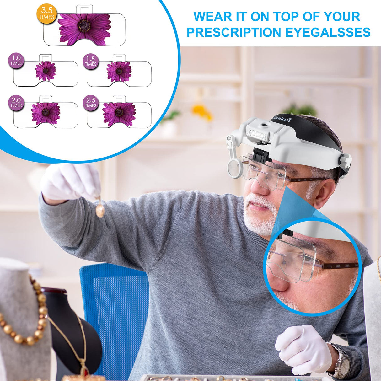 Dilzekui Headband Magnifying Glass with Light, Rechargeable Head Magnifying Glasses 1X to 14X, Magnifier Headset with 6 Detachable Lens, Hands Free Head Mount Magnifier for Close Work Reading Crafts