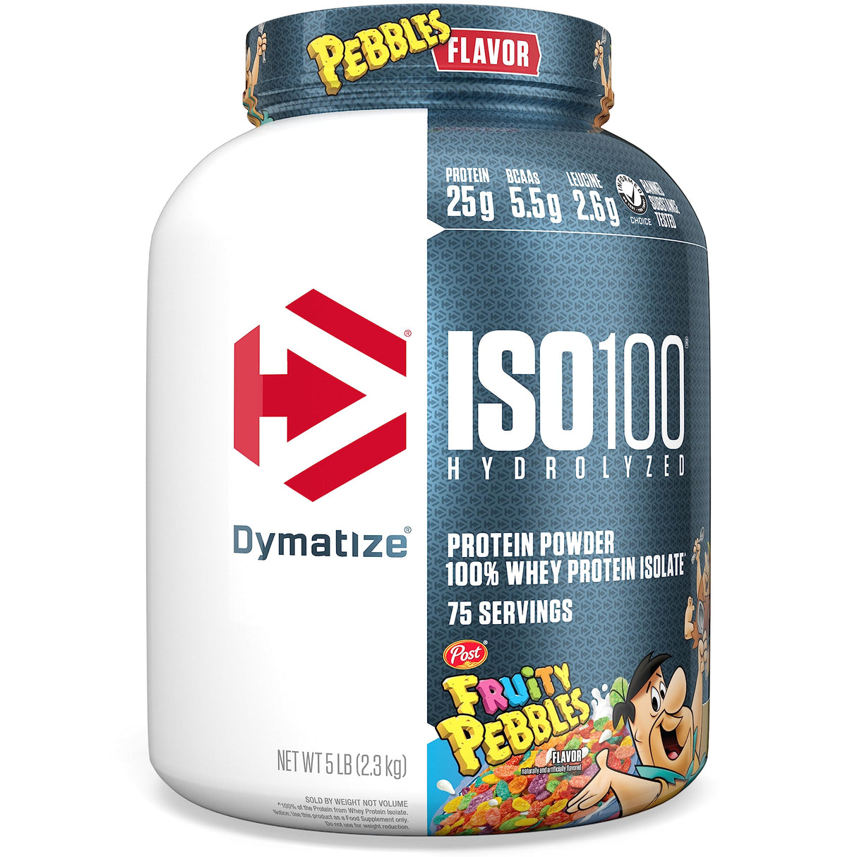 Dymatize x Fruity Pebbles ISO100 Whey Protein Powder Isolate, 25g of Protein, 5.5g BCAAs, 120 Cal., Gluten Free, 1g Fat, 1g Sugar, 2g Carb (75 Servings)
