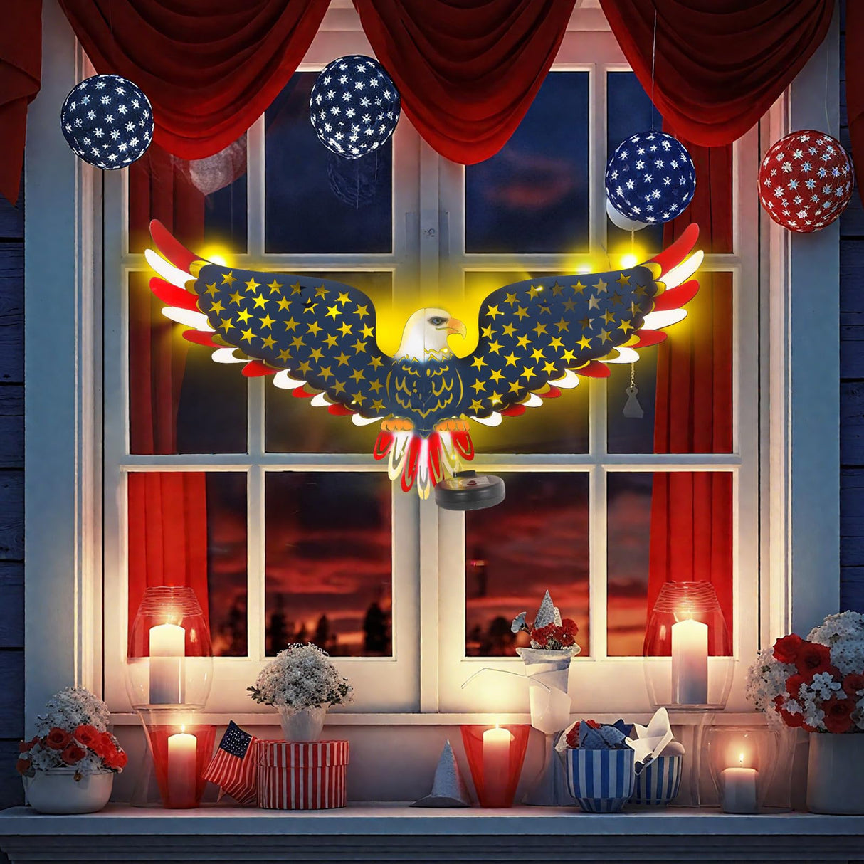 2 Pack 23" American Eagle Metal Wall Art with Solar Lights Outdoor 4th of July Decorations Outdoor | Led Patriotic Sculpture with American Flag | Solar Powered Independence Day Decor for Yard & Porch
