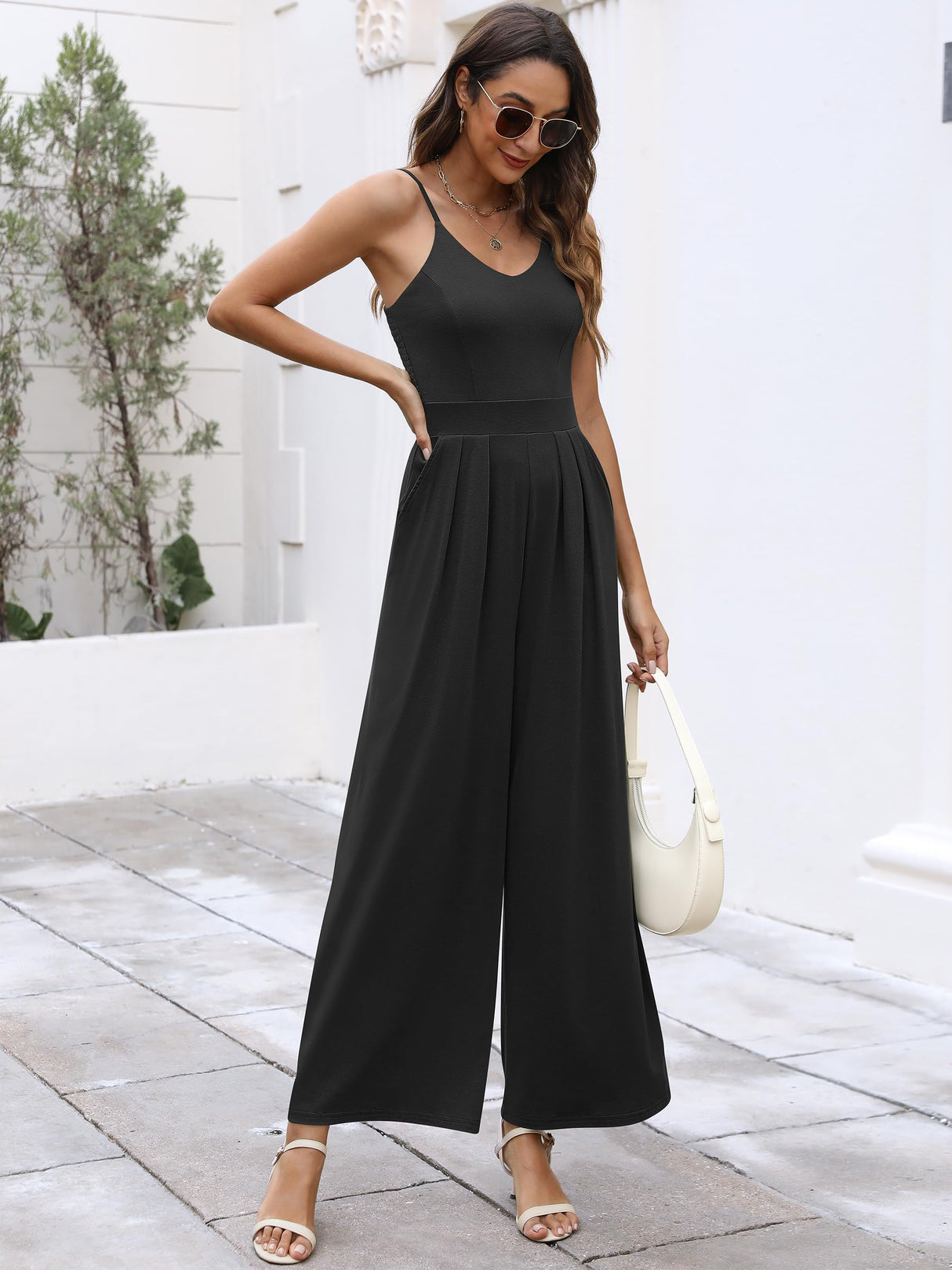 ANRABESS Women V Neck Spaghetti Strap Wide Leg Dressy Jumpsuits 2025 Summer Casual One Piece Jumper Romper Outfits & Pockets Black Medium