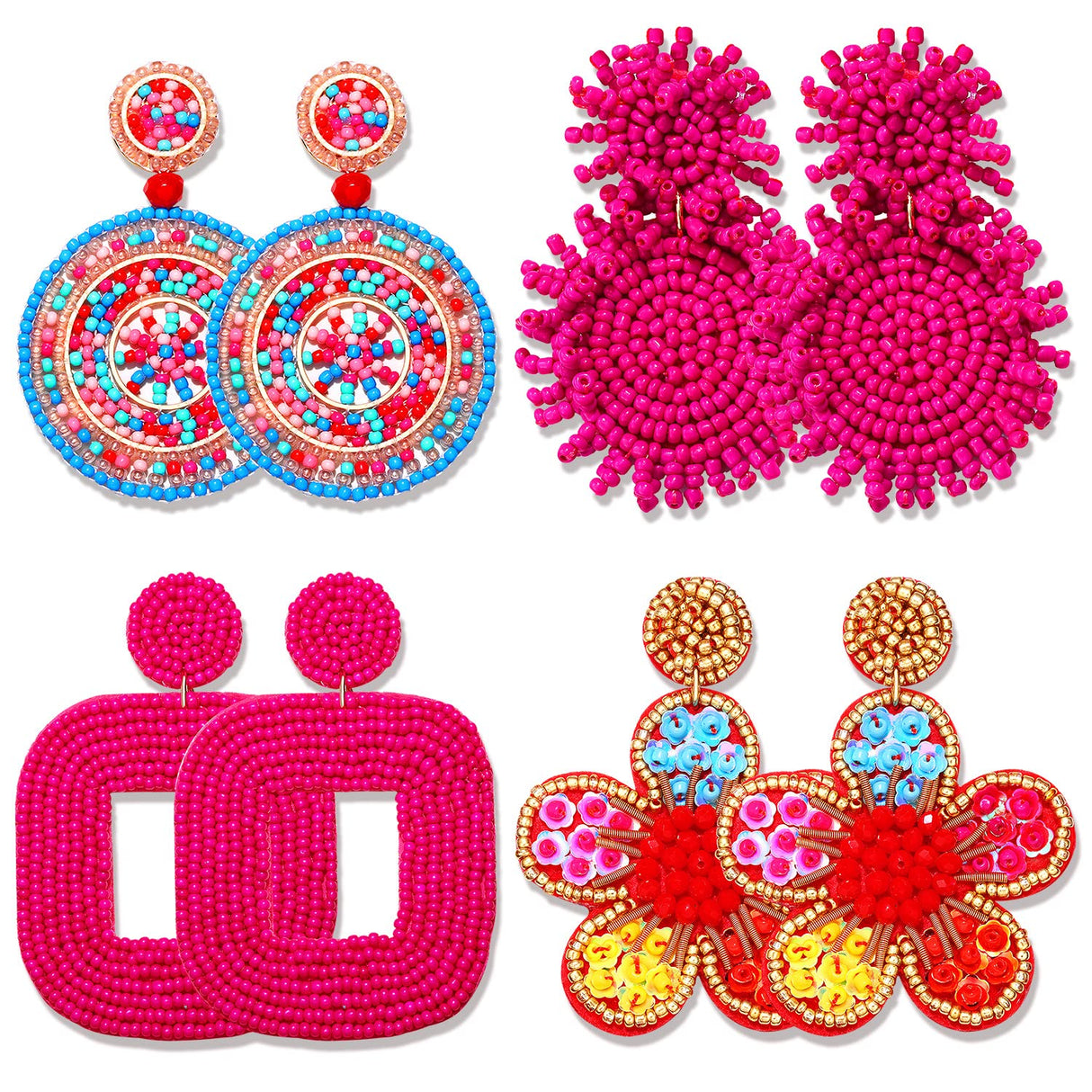 4 Pairs Beaded Earrings for Women Boho Geometric Beaded Dangle Earrings Statement Pineapple Flower Drop Earrings Colorful Summer Earrings Set Jewelry Gift (Style C)
