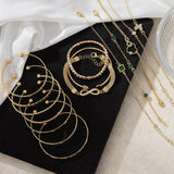 IFKM Gold Jewelry Set For Women, 14k Gold Plated Multi Layer Necklaces Bracelets Stackable Knuckle Rings Hoop Earrings set, Trendy Elegance Charms Non Tarnish Minimalist Textured Boho Jewelry Gift