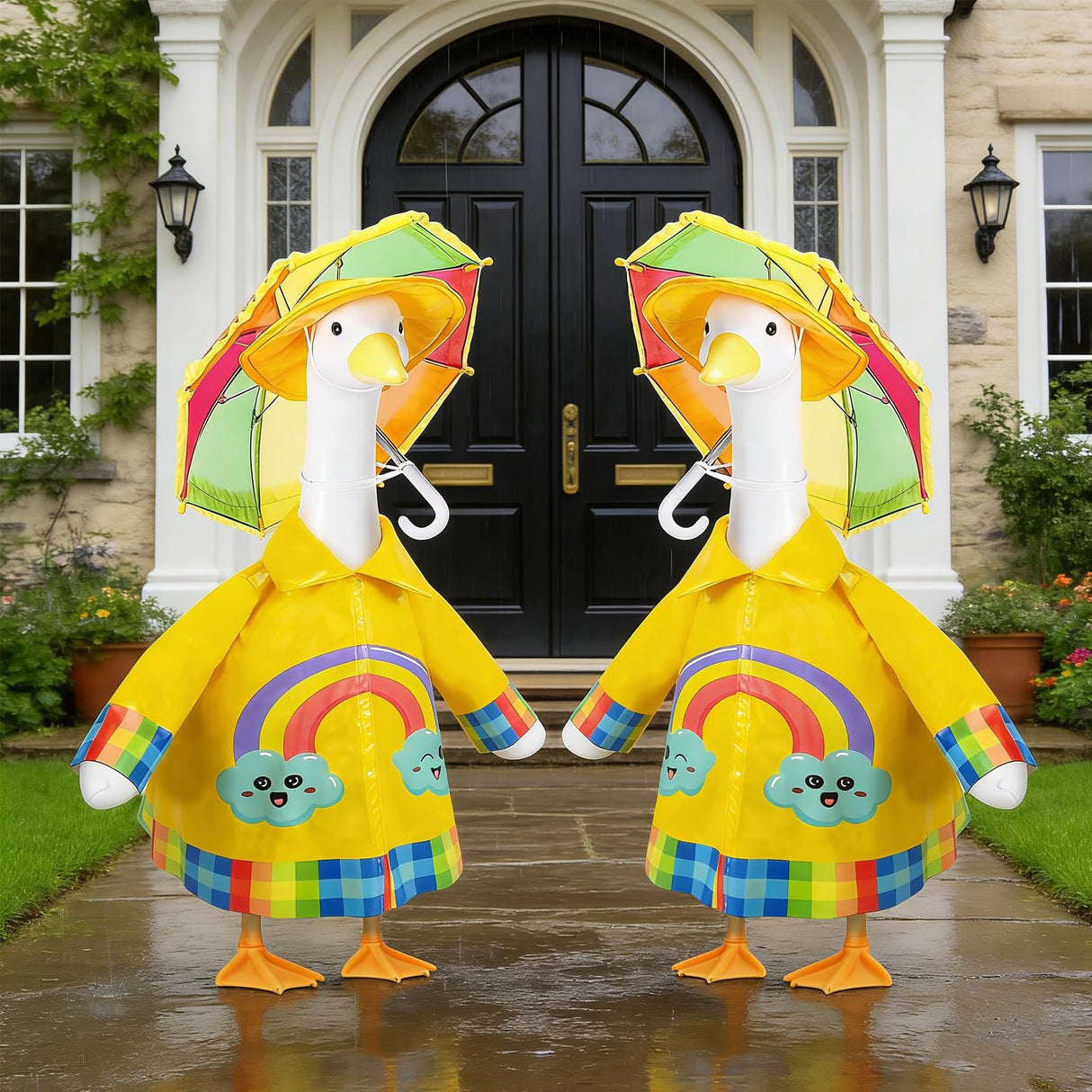 Raincoat Porch Goose Outfits,3 Pcs Waterproof Goose Outfit with Hat, Umbrella,and Raincoat,Funny Summer Lawn Goose Clothes,23" Yellow Cement Goose Statue Costume for Garden Patio Yard Decoration