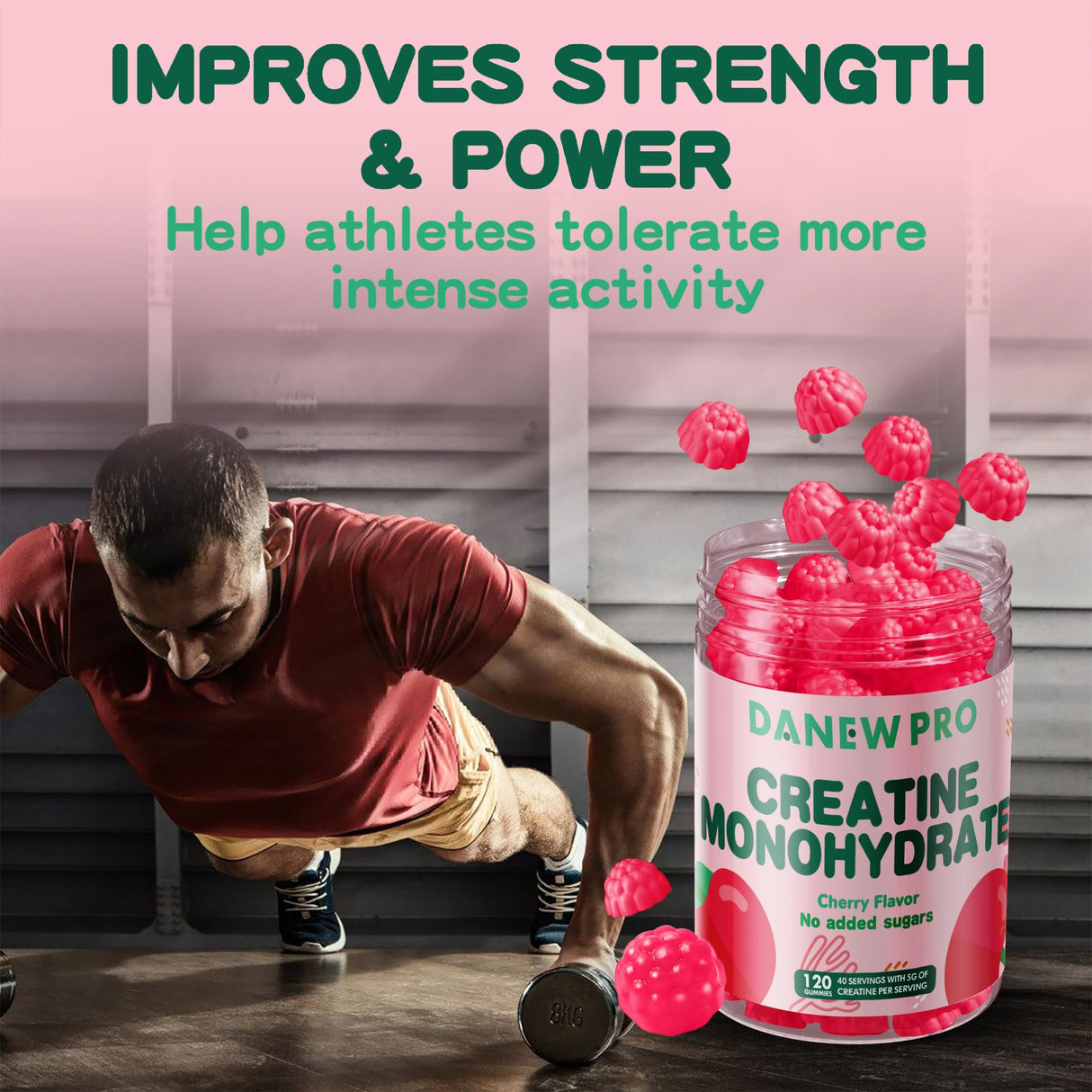 DANEW Pro Creatine Monohydrate Gummies 5000mg for Men & Women, Creatine Monohydrate for Muscle Strength, Muscle Builder, Energy Boost, Pre-Workout Supplement(120 Count)-Cherry Flavor
