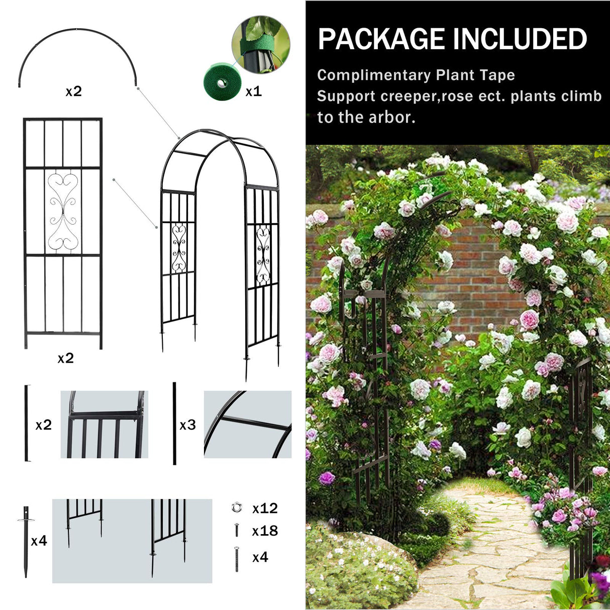 SCENDOR Garden Arbors, Curved Metal Endurable Iron Trellis Plants Stand Use for Outdoor Garden Arbor Climbing Plants Wedding Arches Ceremony