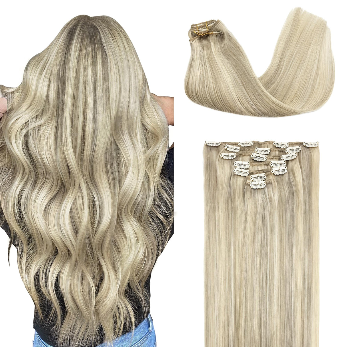 GOO GOO Clip in Hair Extensions Real Human Hair, Remy Human Hair Extensions Clip ins for Women, Natural Human Hair, 20inch 120g 7Pcs, 17A/60A Ash Blonde Highlighted Platinum Blonde