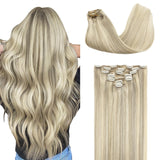 GOO GOO Clip in Hair Extensions Real Human Hair, Remy Human Hair Extensions Clip ins for Women, Natural Human Hair, 18inch 120g 7Pcs, 17A/60A Ash Blonde Highlighted Platinum Blonde