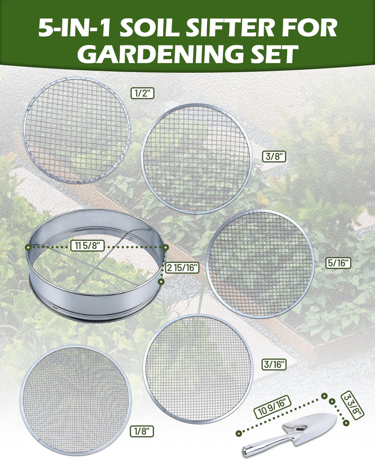 HIPULX 5-in-1 Soil Sifter Set with 5 Replaceable Stainless Steel Mesh Screen & Shovel (1/8" to 1/2"), Soil Sifter for Soils, Compost, Bonsai, Cat Litter and More（11-5/8" Diameter）