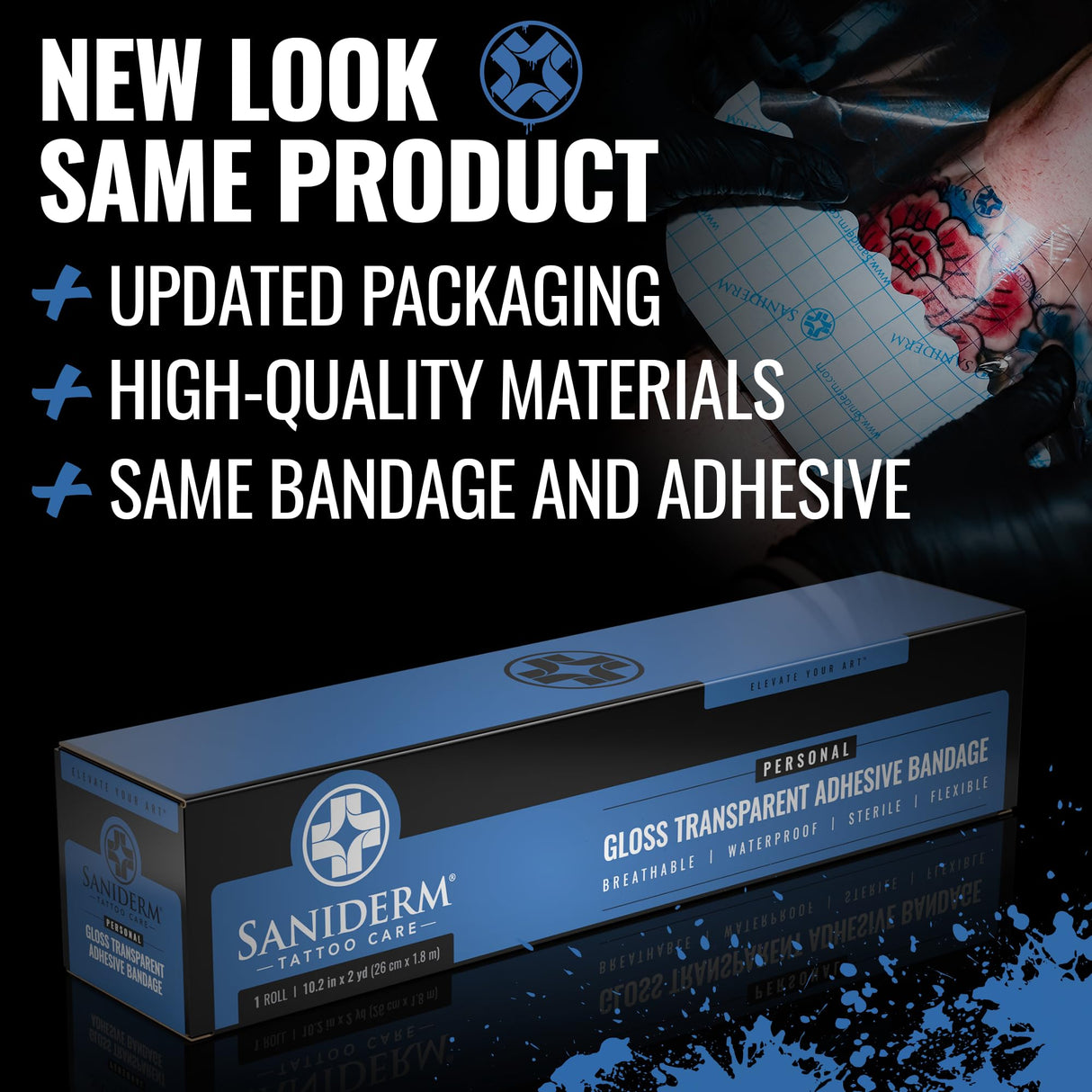Saniderm Original Tattoo Aftercare Bandage (Personal Roll, 10.2 in x 2 yd) – Convenient, Faster Tattoo Healing and Protection – Sterile, Waterproof, and Latex-Free Tattoo Aftercare Wrap – Gloss Finish