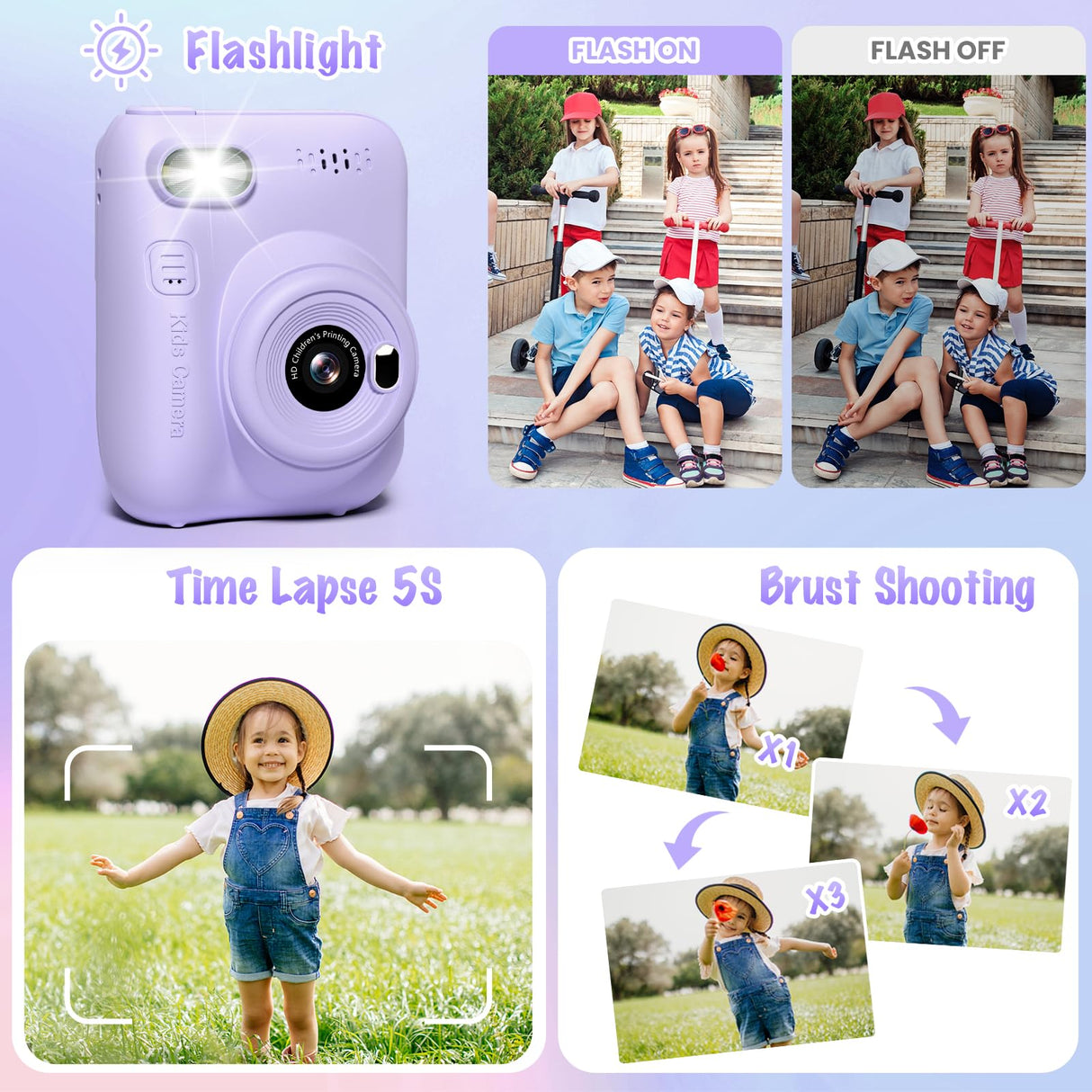 Kids Camera Instant Print, 3.0" HD 32MP Kids Camera Christmas Birthday Gifts for 3 4 5 6 7 8 9 10 11 12 Year Old Girls Boys, 32GB SD Card-Purple
