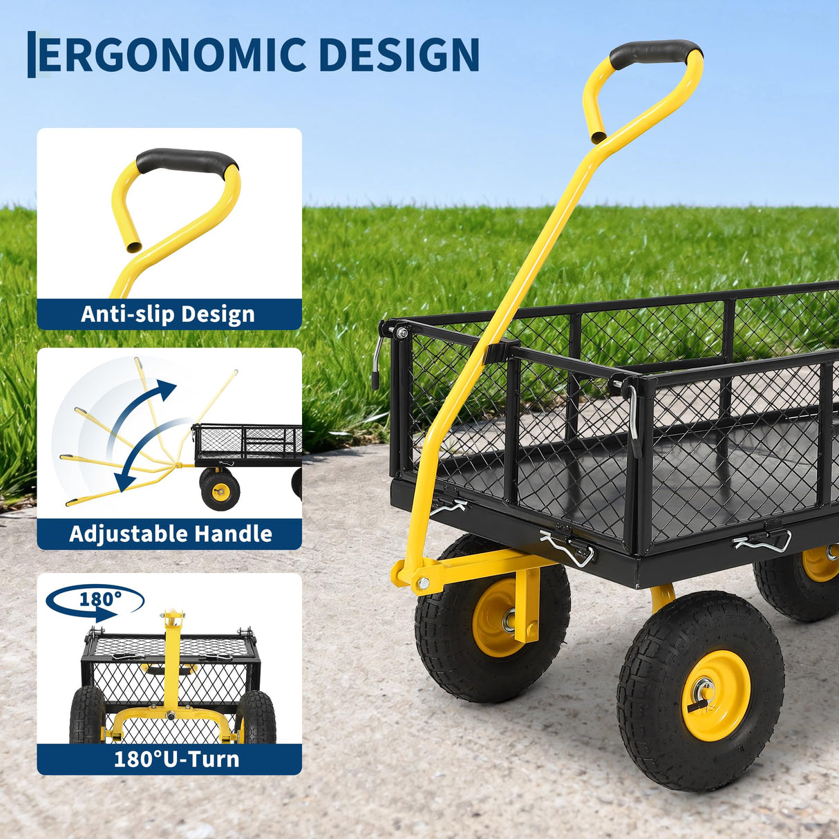 900 Lbs Heavy Duty Steel Garden Cart, Garden Wagon Cart on Wheels, Outdoor Metal Yard Utility Wagon Carts with and Mesh Removable Sides(Convert to Flatbed) and 180°Rotating Handle,Black