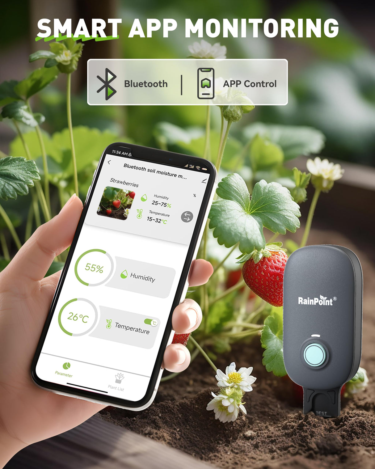RAINPOINT Bluetooth 2-in-1 Soil Moisture & Air Temp Meter, App Remote Monitoring, 20 Plant Database, Compatible with WiFi Hub TWG009 & Water Timer ITV102b
