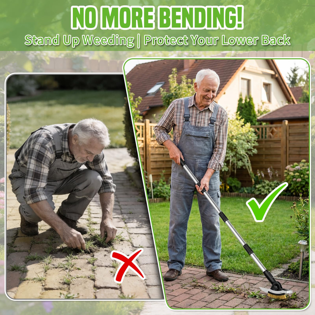Hysagtek Crack Weeder Long Handle - 3-in-1 Adjustable Crevice Cleaning Brush with 2 Scrapers, Durable Manual Stainless Steel Weed Puller Tool for Driveway Patio Sidewalk Garden Lawn