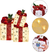 Set of 3 Christmas Lighted Gift Boxes, Pre-lit 60LED Light Up Present Boxes Ornament Outdoor, Boxes with Gold Snowflake, Battery Operated Christmas Decorations for Indoor Home, Party, Lawn Decor