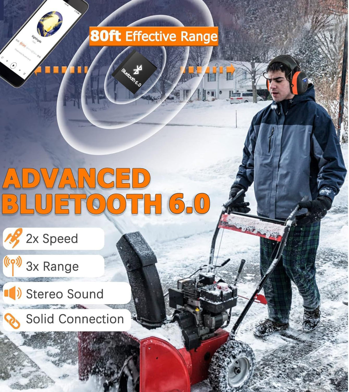 PROHEAR 037 2 Pack Bluetooth 6.0 Hearing Protection Headphones with Rechargeable, 30dB SNR Safety Noise Reduction Ear Muffs for Mowing Workshops Snowblowing, Black and Orange