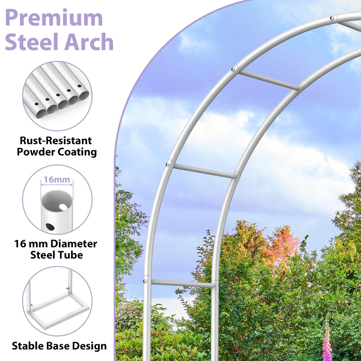 Sunexinlo Garden Arch Trellis with Base, 5.3'W x 7.6'H or 7.9'W x 6.3'H Wedding Arch, Metal Garden Trellis for Climbing Plants Outdoor Wedding Christmas Bridal Party Decoration, White
