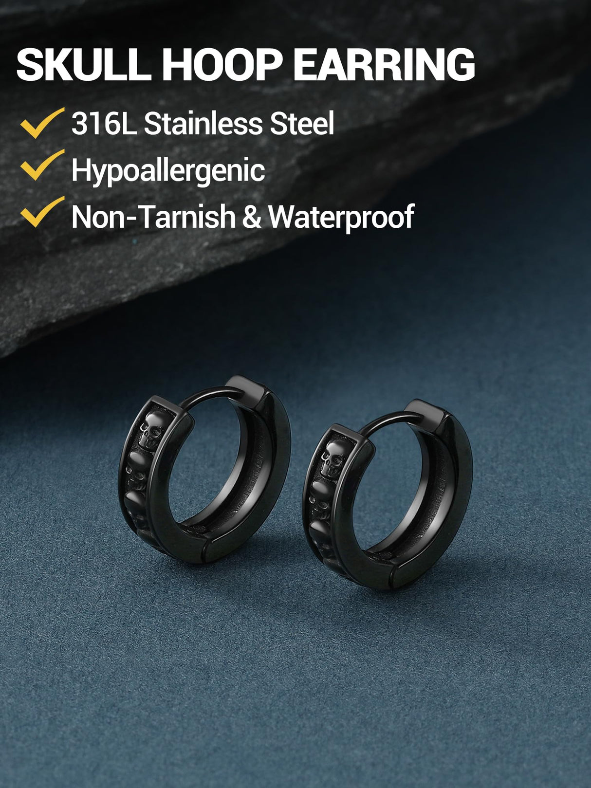 Black Skull Hoop Earrings For Men Gothic Goth Jewelry Stainless Steel Small Hoops Cool Earrings