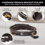 Premium Men’s Bracelet | Leather Bracelet for Men | Beaded Bracelets Black Onyx & Tiger-Eye Beads | Brown Leather Jewelry with Adjustable Stainless-Steel Clasp | Gift Dad Husband Son Boyfriend