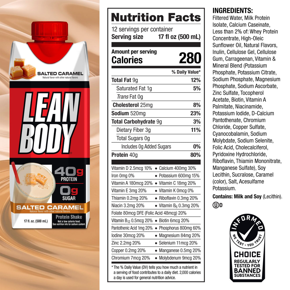 Lean Body Ready-to-Drink Salted Caramel Protein Shake, 40g Protein, Whey Blend, 0 Sugar, Gluten Free, 22 Vitamins & Minerals, 17 Fl Oz (Pack of 12)