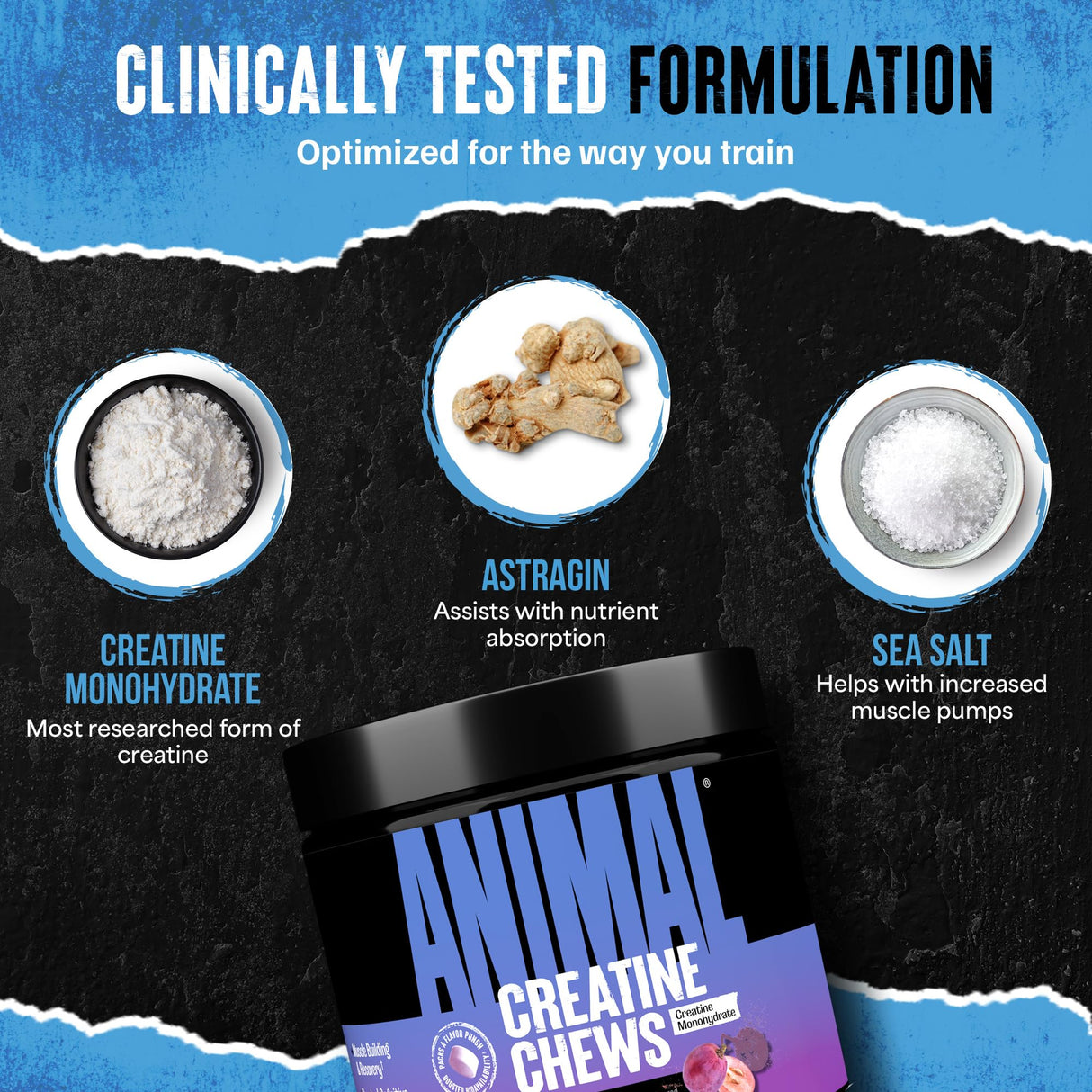 Animal Creatine Chews Tablets - Enhanced Creatine Monohydrate with AstraGin to Improve Absorption, Sea Salt for Added Pumps, Delicious and Convenient Chewable Tablets - Grape