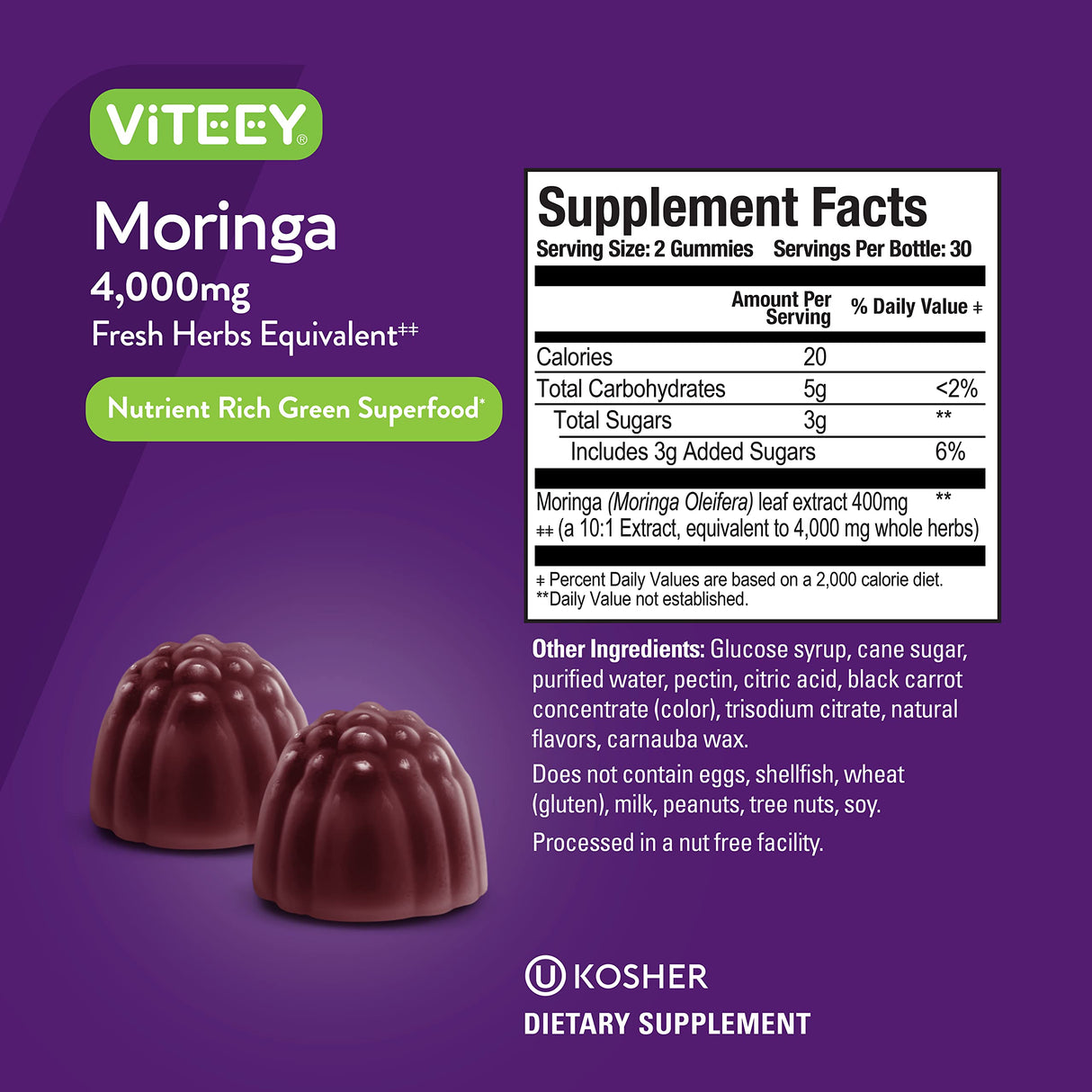 Viteey Moringa Gummies for Adults & Teens - Moringa Leaf Extract 4000mg - Immune Support, Energy Booster, Better Mood Support - Chewable Green Superfood - Vegan, Gelatin Free - Strawberry Flavored