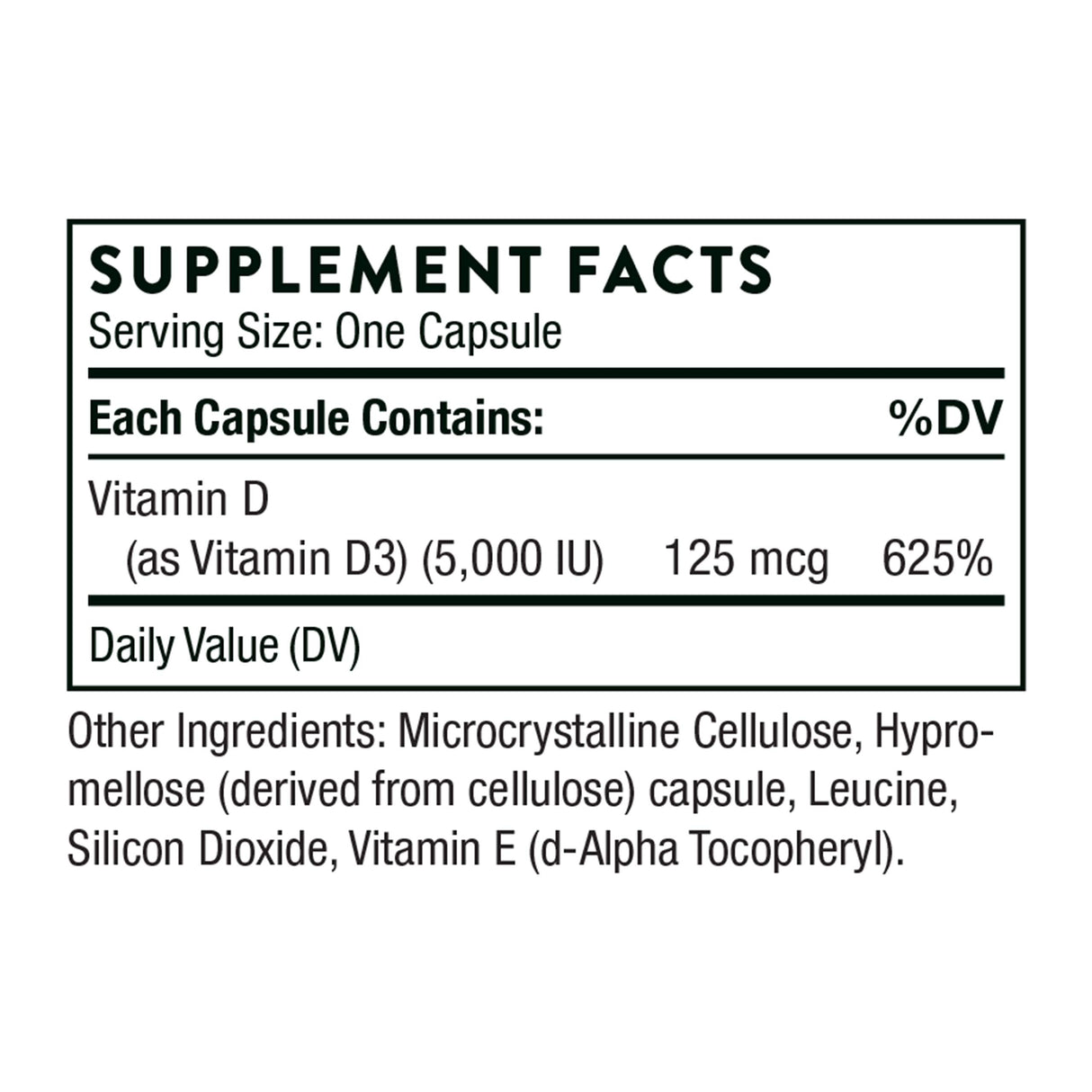 THORNE - Vitamin D-5000 - Vitamin D3 Supplement - Support Healthy Bones, Teeth, Muscles, Cardiovascular, and Immune Function* - NSF Certified for Sport - Dairy-Free, Soy-Free - 60 Capsules