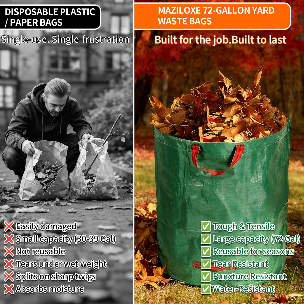 3 Pack 72-Gallon Yard Waste Bags with Gardening Gloves, Heavy Duty Reusable Lawn Leaf Bags with Reinforced Handles, Collapsible Garden Bags for Leaves, Debris and Outdoor Clean Up