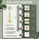 GEMQUEEN G23 Titanium Flat Back Earrings Hypoallergenic : 14K Gold Plated Threadless Bezel Earring 16G Cartilage Helix Tragus Conch Piercing Jewelry Small Nose Lip Labret Studs for Women Men 4 Pairs