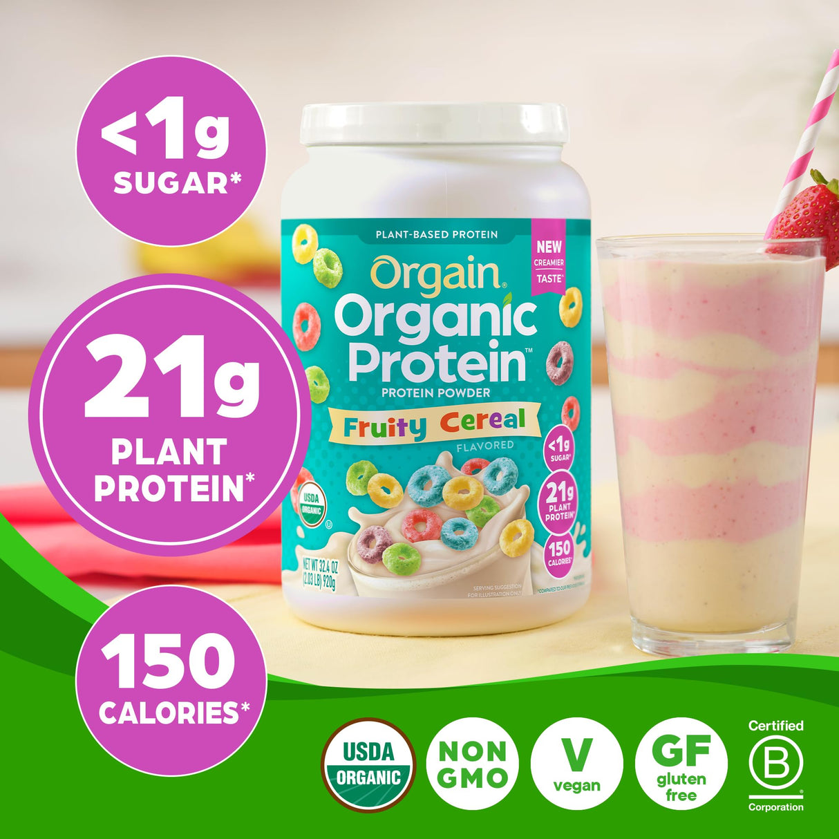 Orgain Organic Vegan Protein Powder, Fruity Cereal - 21g Plant Based Protein, Gluten Free, Dairy Free, Lactose Free, Soy Free, No Sugar Added, Kosher, For Smoothies & Shakes - 2.03 lb