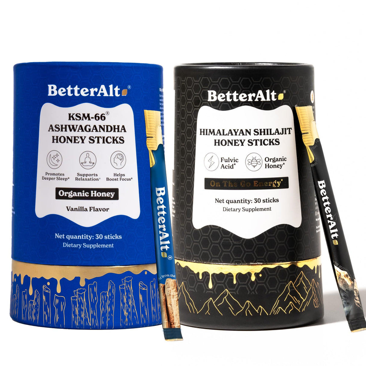 Better Alt Ashwagandha & Classic Shilajit Honey Sticks| Pure Himalayan Shilajit Organic Multiflora Honey & Saffron|60 Sticks|Energy & Immune Support Supplement