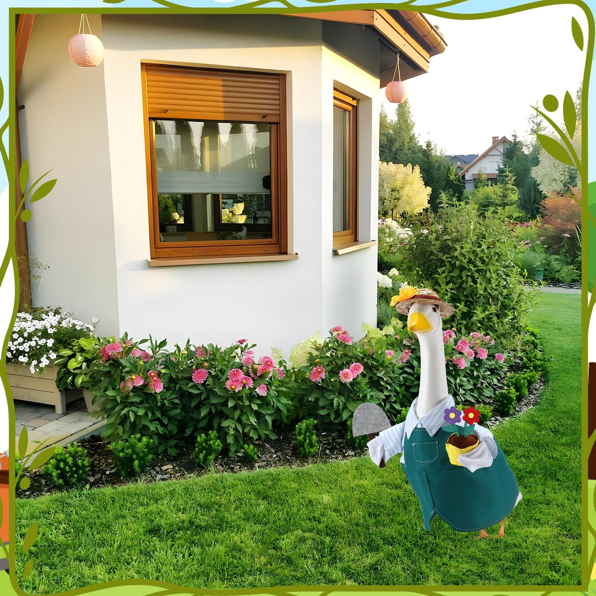 EKOREST Gardener Porch Goose Outfits for 23 Inch Lawn Statue, Summer Gardener with Flower Pot and Shovel Costume for Plastic/Cement Statue, Spring Sculpture Clothes for Yard Patio Party Decoration